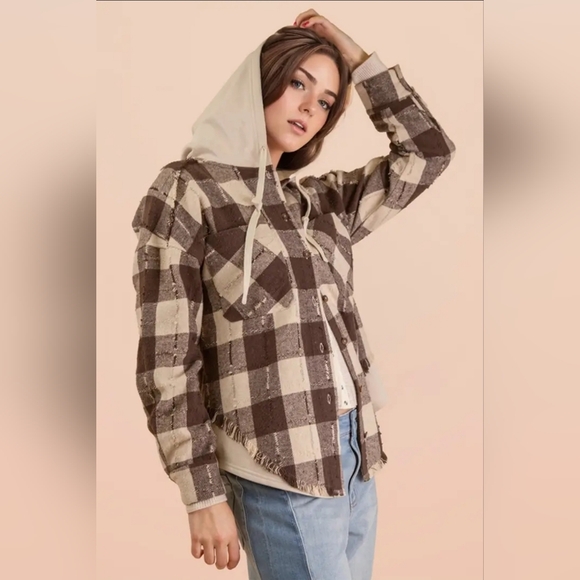 Oversized Flannel Hooded Button Down Jacket - Picture 2 of 5